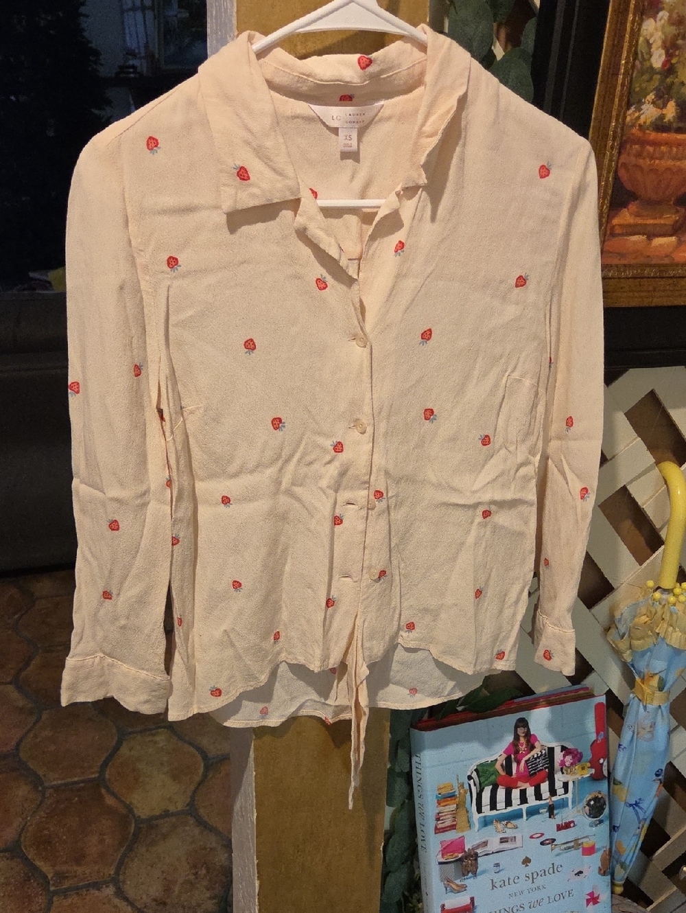 Light Pink Button-Front Blouse with Red Heart Embroidery